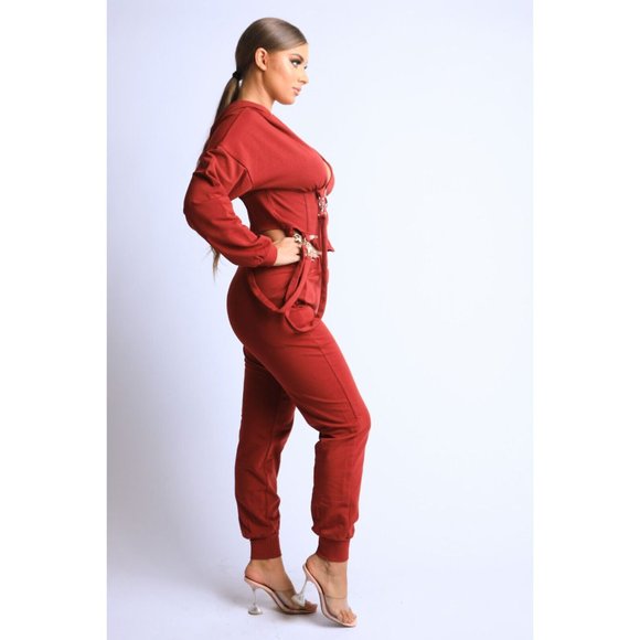 Women's Long Sleeve Zip-Up Strappy Terry Casual Hoodie Two-Piece Set Super Cute - Picture 8 of 12